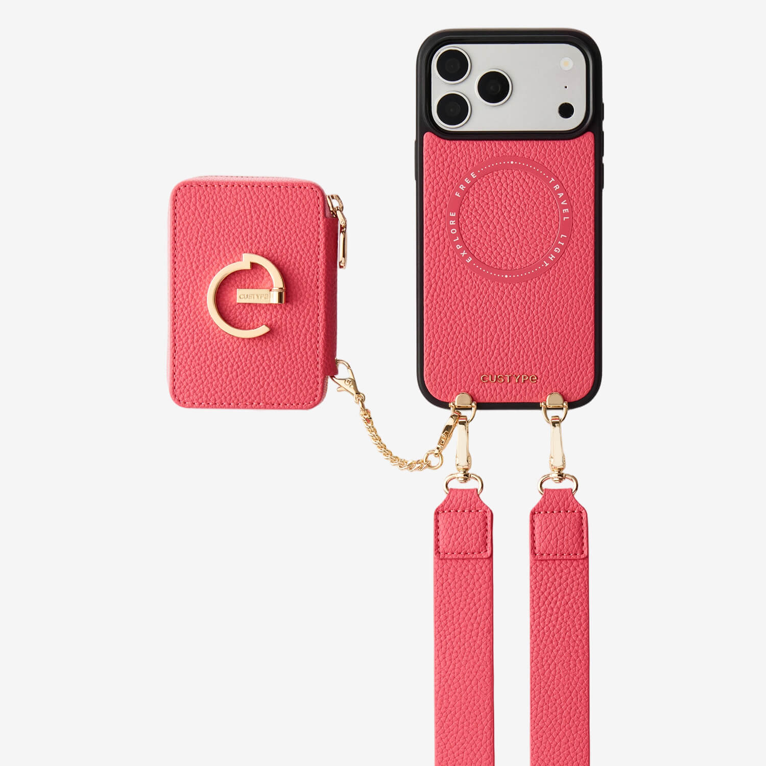 Pink phone case with strap and magnetic cardholder for outdoor activities