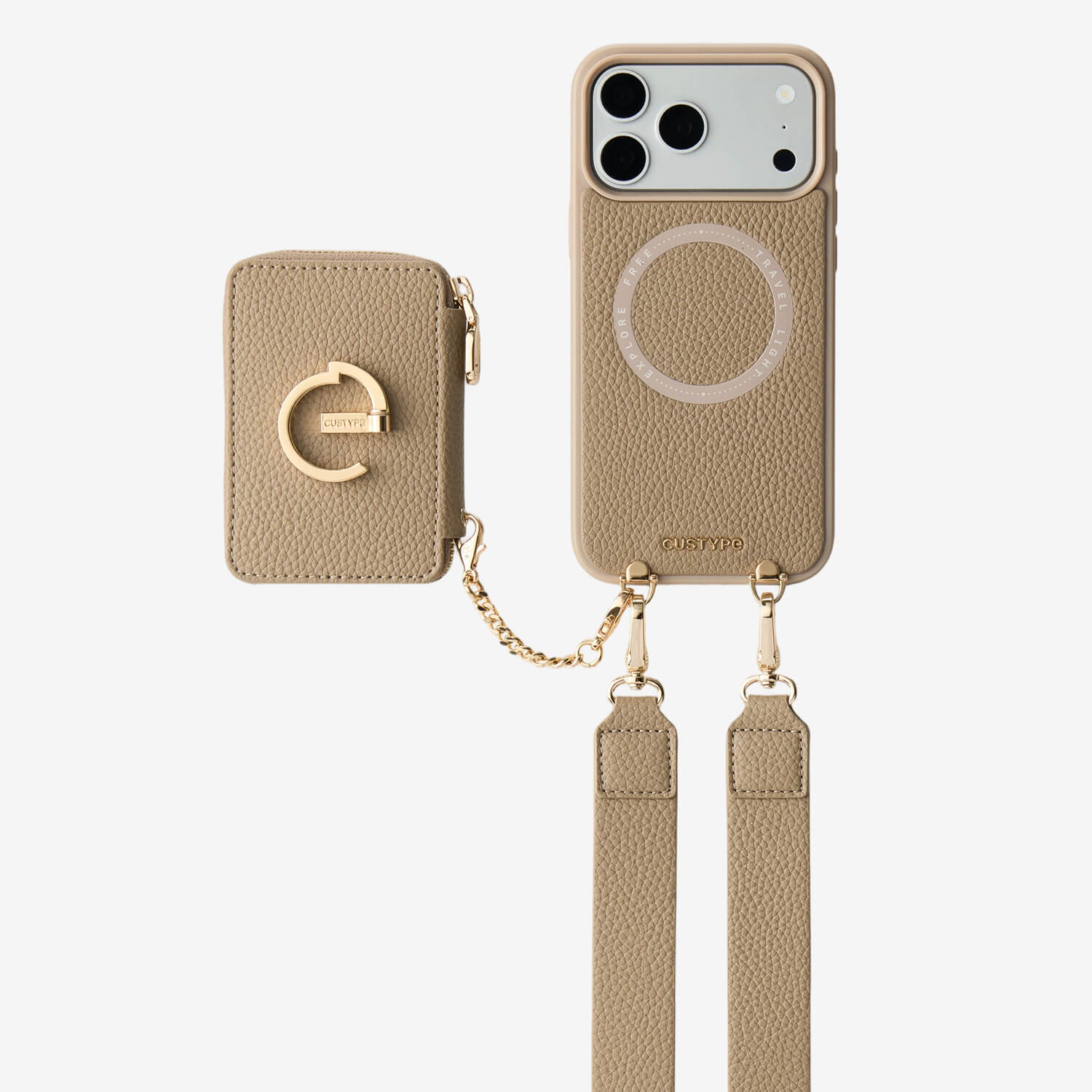 taupe iPhone 17 pro max wallet phone case with detachable strap and cardholder for hands-free