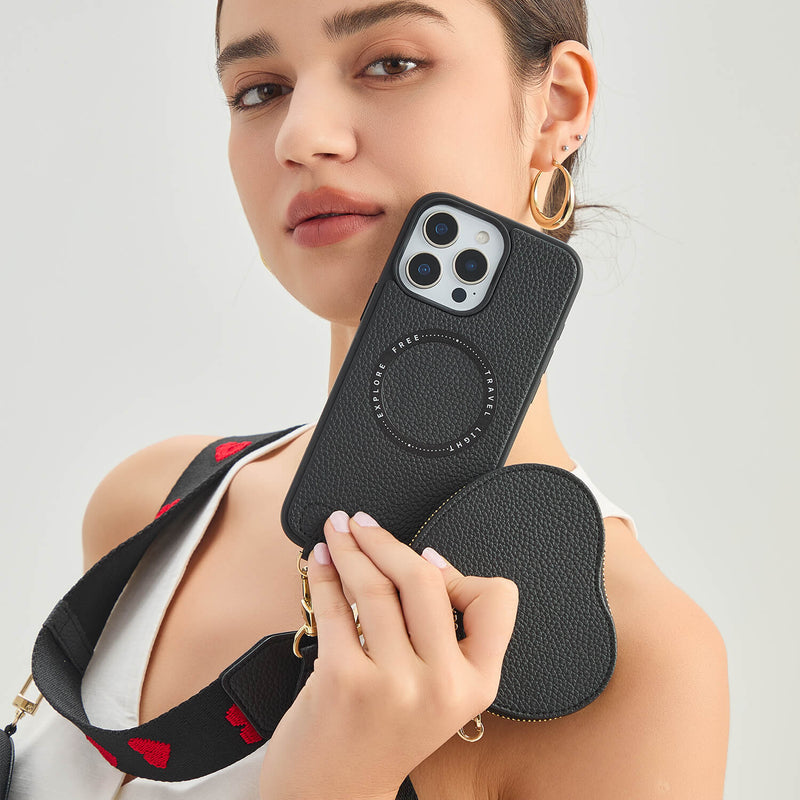 zipper heart pouch crossbody case for iphone Black
