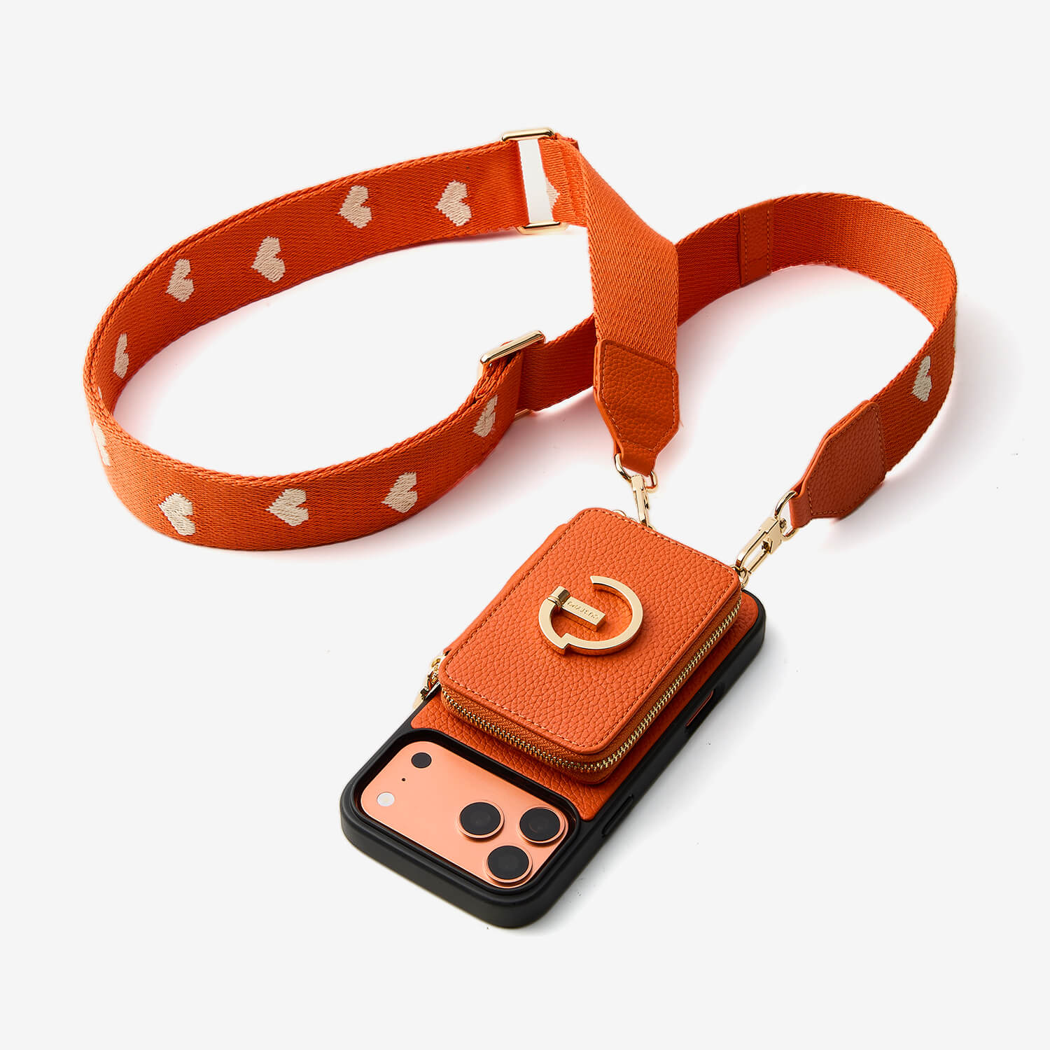 crossbody leather case with orange webbing strap 