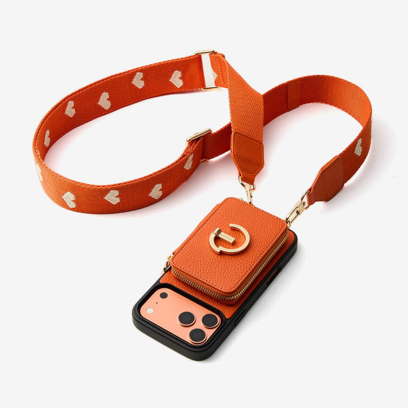 crossbody leather case with orange webbing strap 