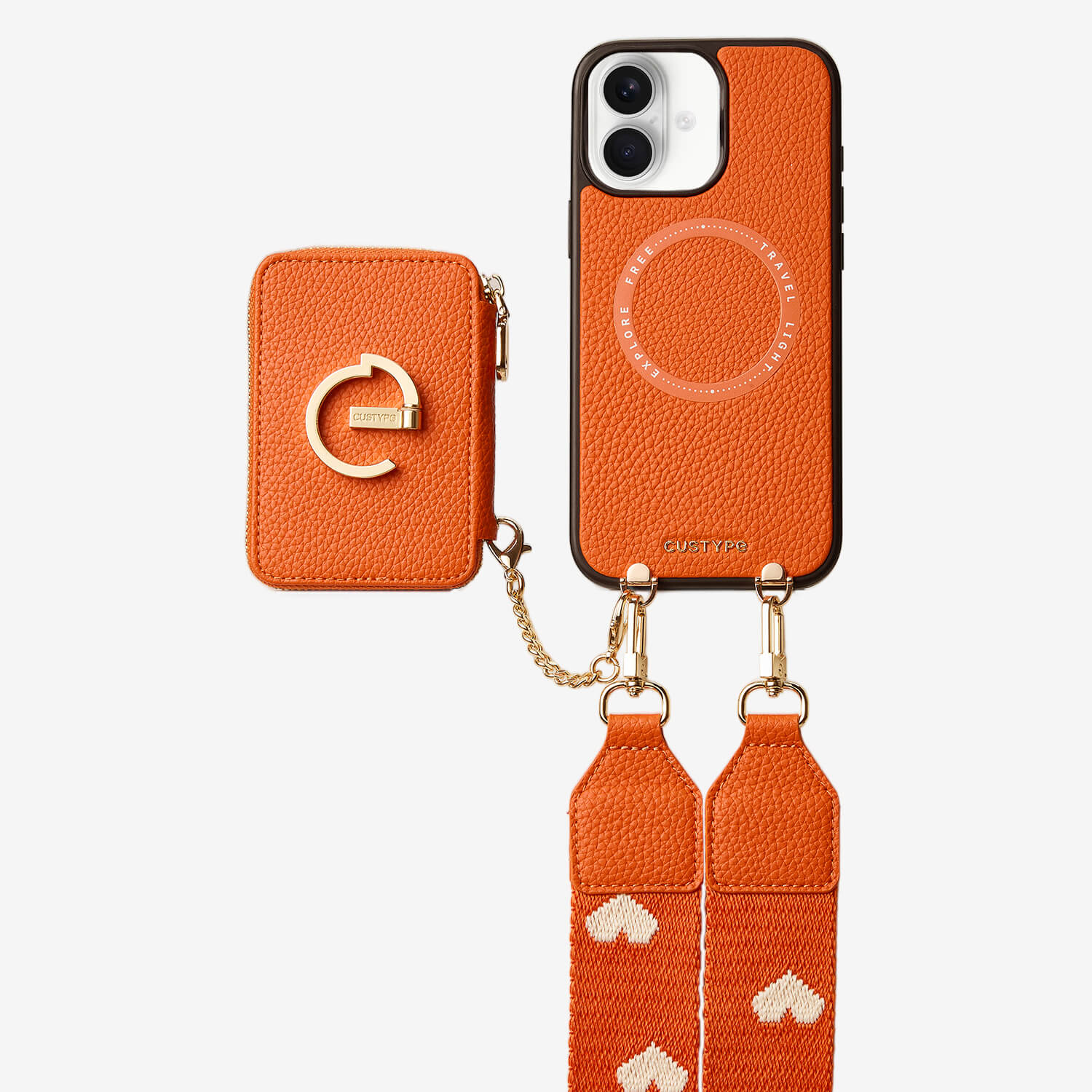 orange phone case with crossbody webbing strap  