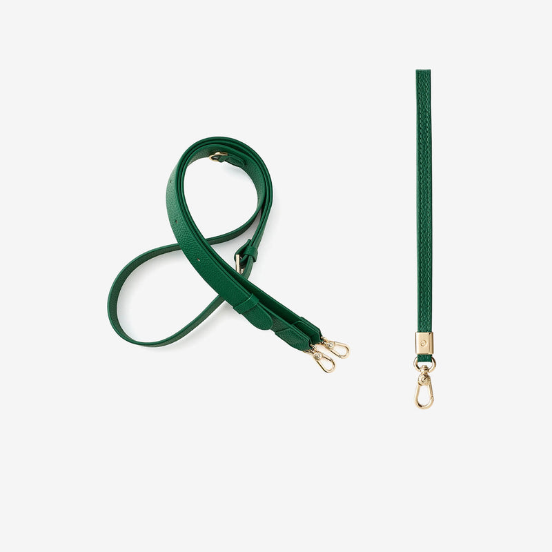 Green phone crossbody strap and wristlet with gold hardware for hands-free
