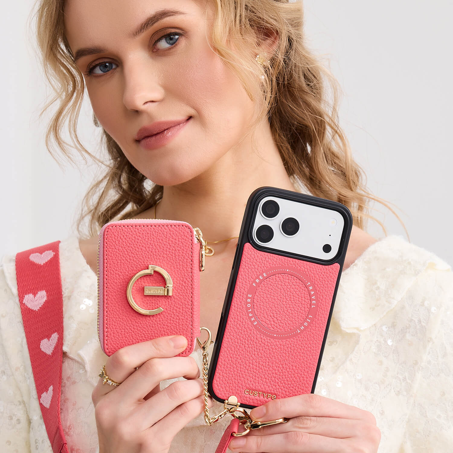 オリジナルデザインセット - ワイヤレス充電ウェビングクロスボディ電話ケースラウンドポーチセット