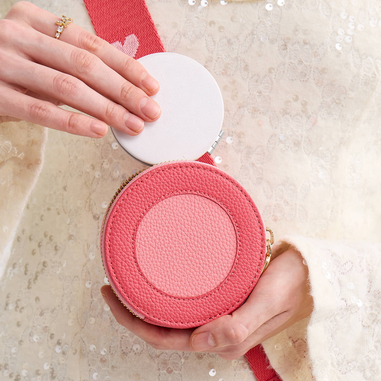 オリジナルデザインセット - ワイヤレス充電ウェビングクロスボディ電話ケースラウンドポーチセット