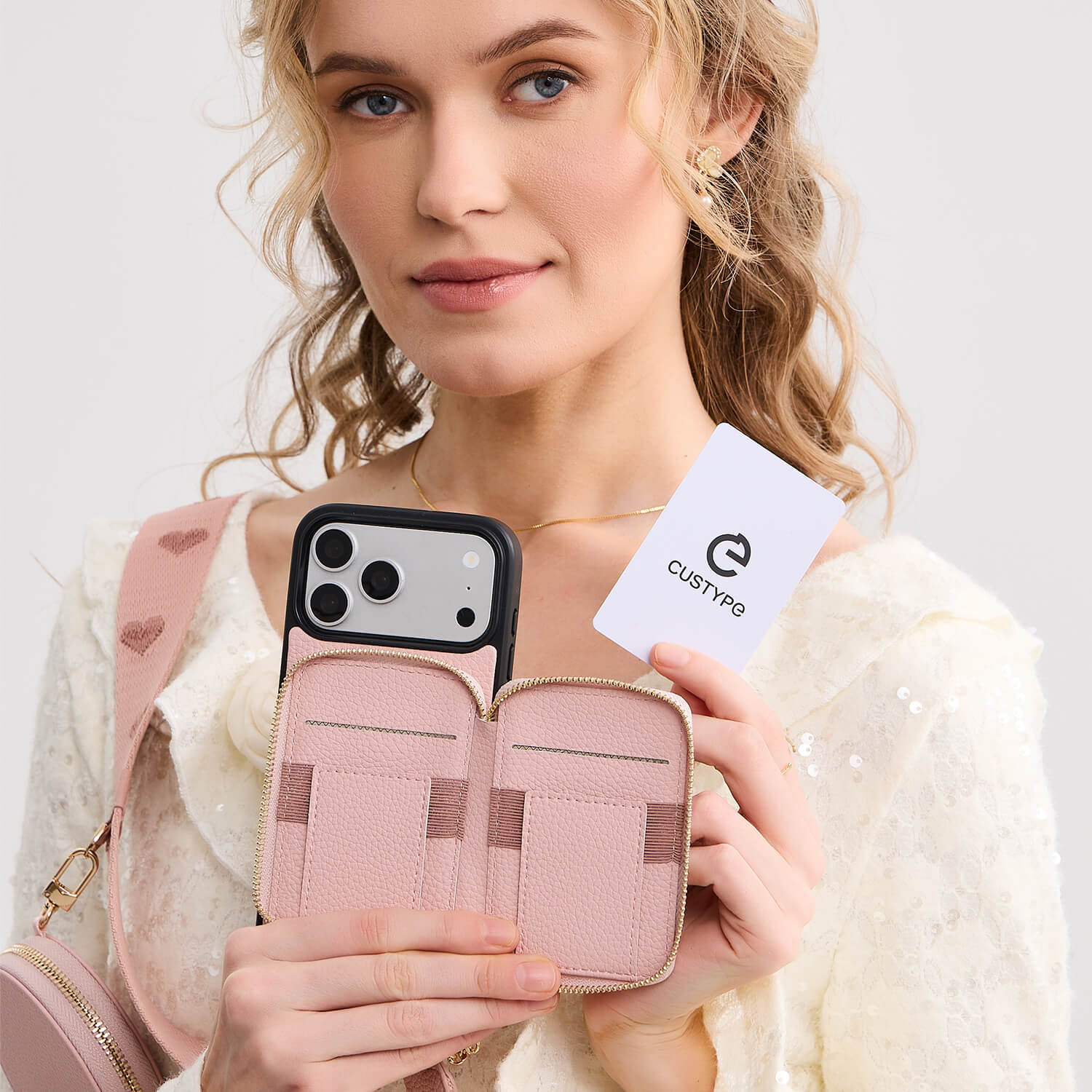 オリジナルデザインセット - ワイヤレス充電ウェビングクロスボディ電話ケースラウンドポーチセット