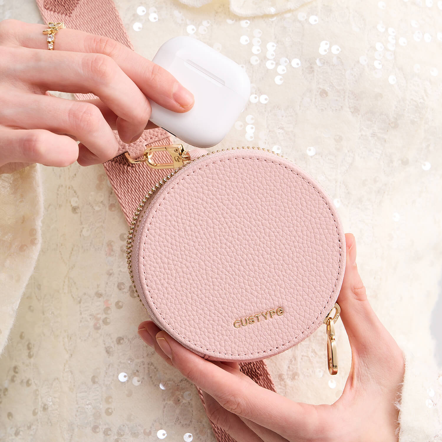 オリジナルデザインセット - ワイヤレス充電ウェビングクロスボディ電話ケースラウンドポーチセット