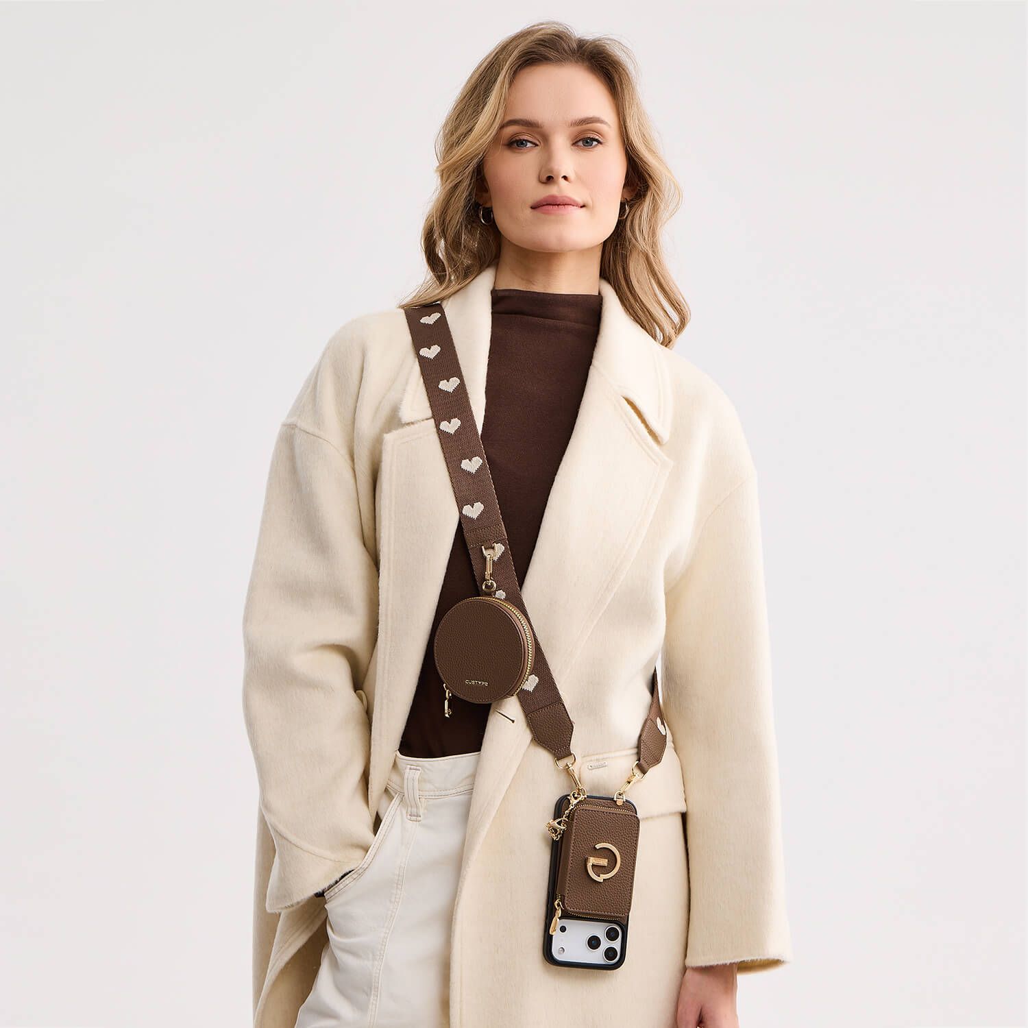 オリジナルデザインセット - ワイヤレス充電ウェビングクロスボディ電話ケースラウンドポーチセット