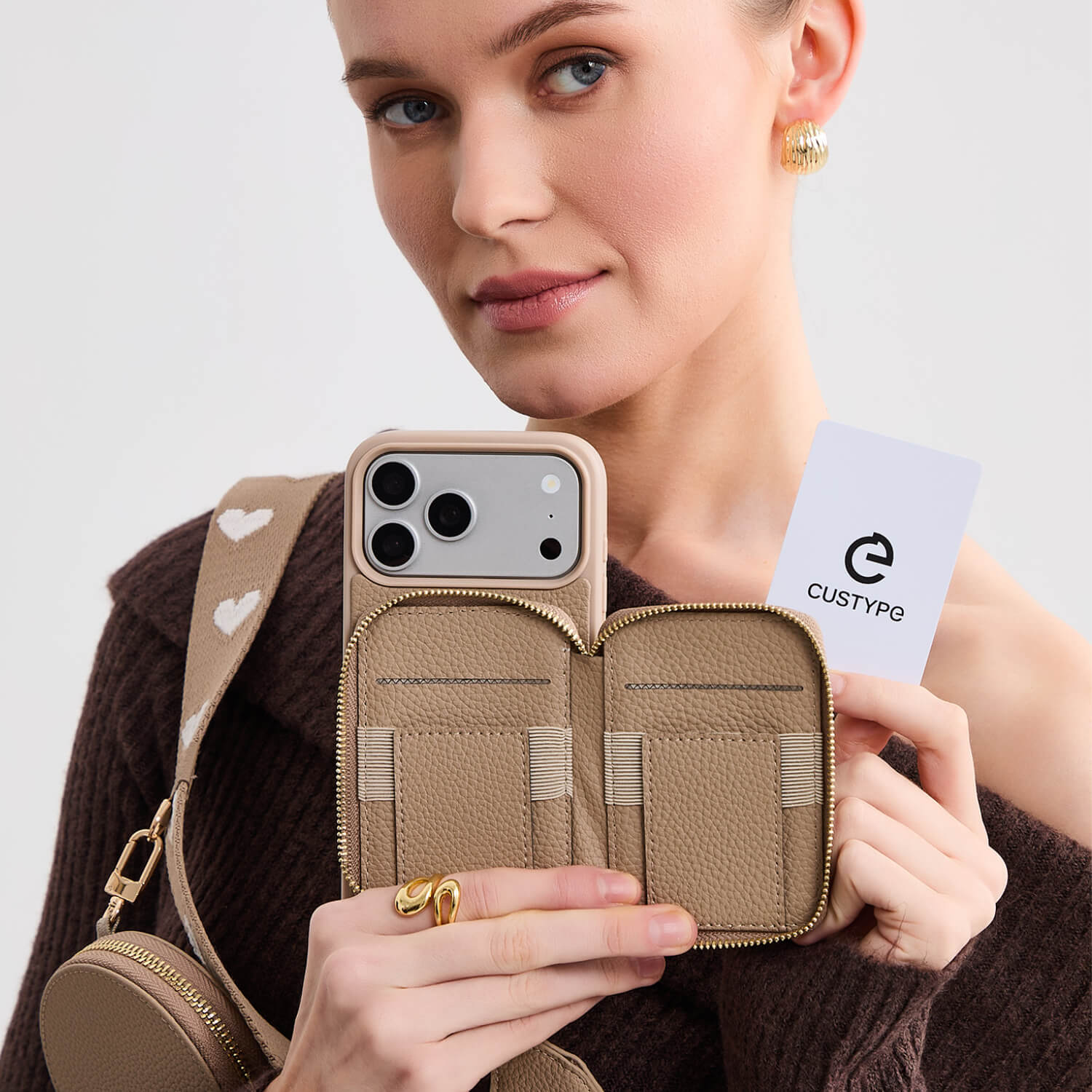 オリジナルデザインセット - ワイヤレス充電ウェビングクロスボディ電話ケースラウンドポーチセット