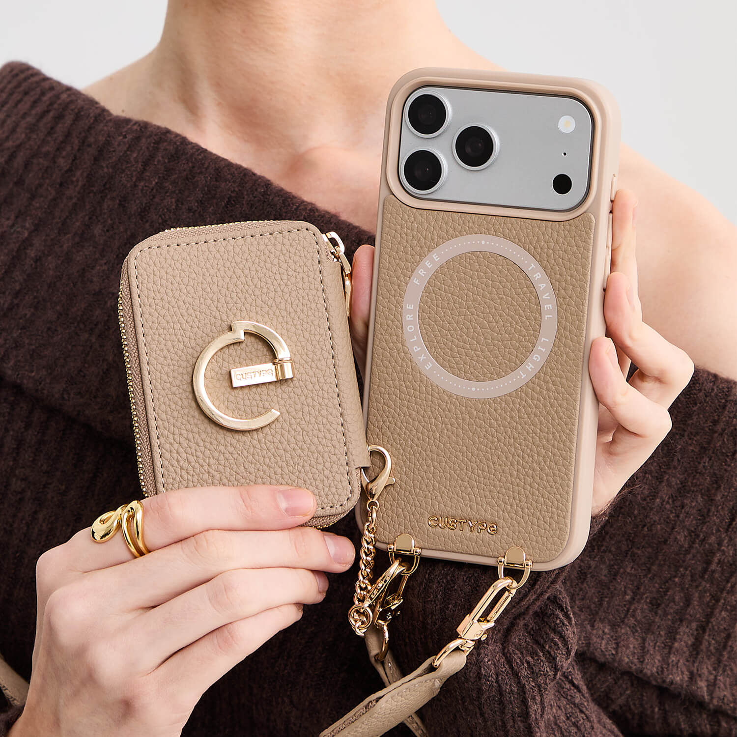 オリジナルデザインセット - ワイヤレス充電ウェビングクロスボディ電話ケースラウンドポーチセット