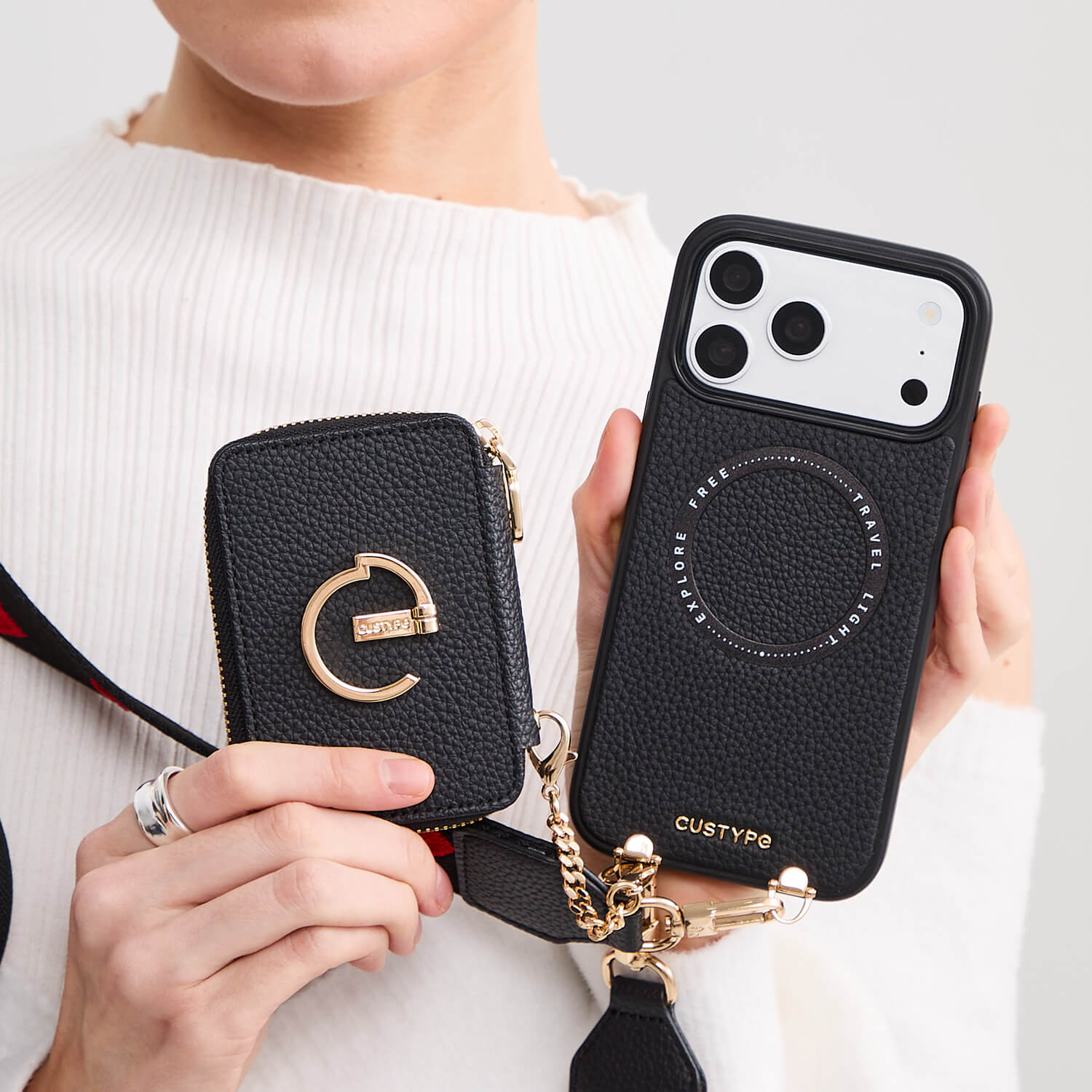 オリジナルデザインセット - ワイヤレス充電ウェビングクロスボディ電話ケースラウンドポーチセット