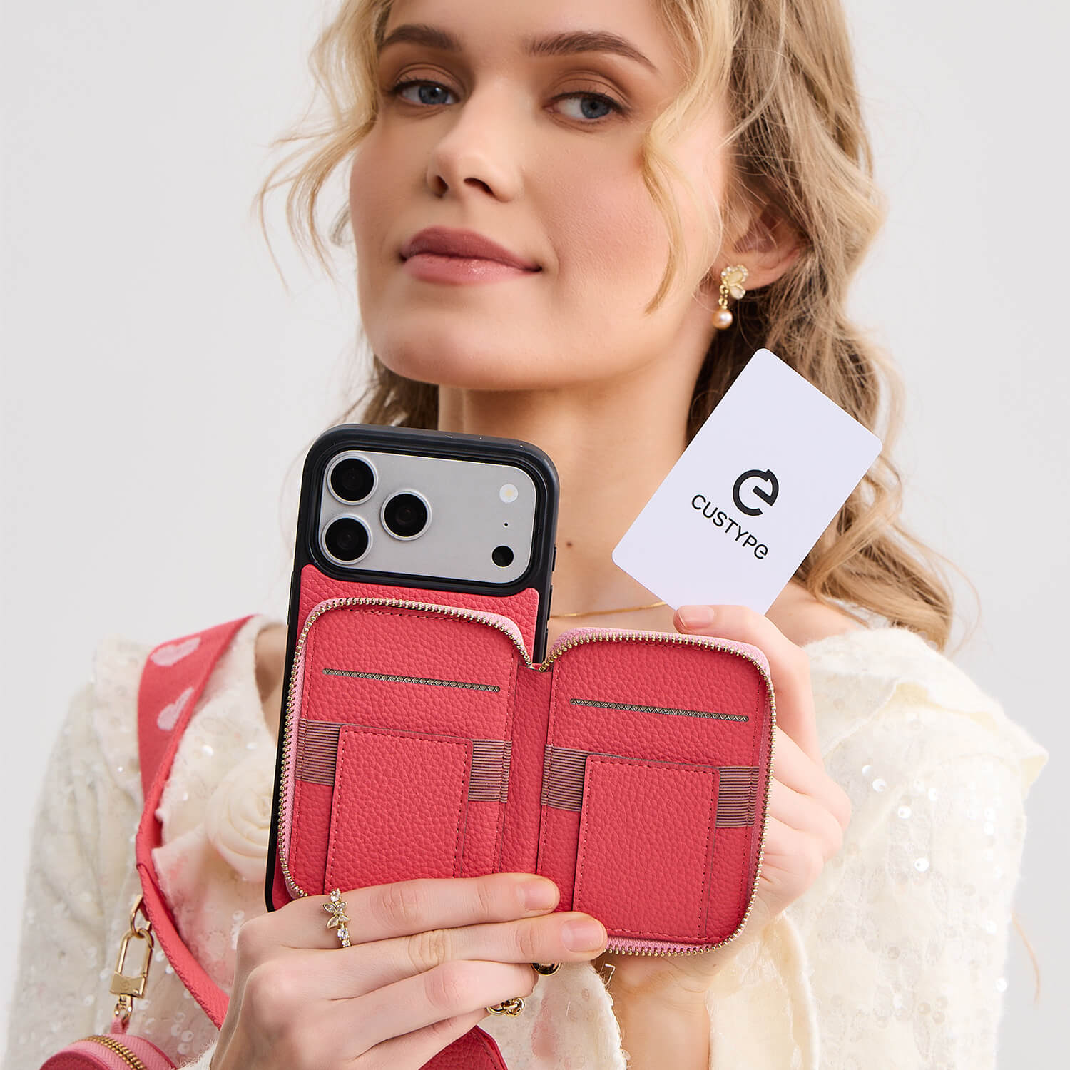 オリジナルデザインセット - ワイヤレス充電ウェビングクロスボディ電話ケースラウンドポーチセット