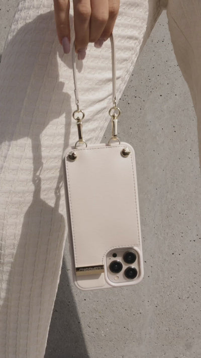 Sleek Metal Crossbody iPhone Cover Case Phone Wallet Pouch Beige